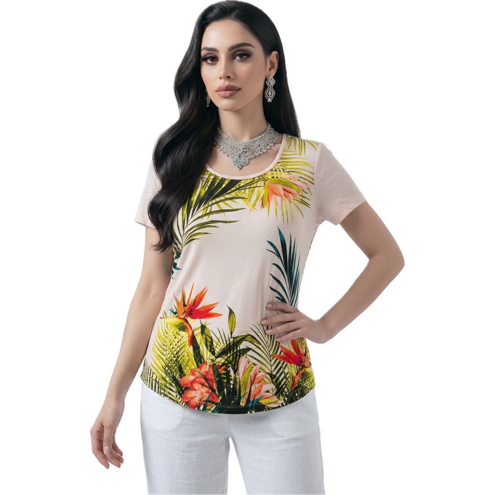 JM Collection Womens Large Cream Tropical Bird of Paradise Palm Print Shirt Top